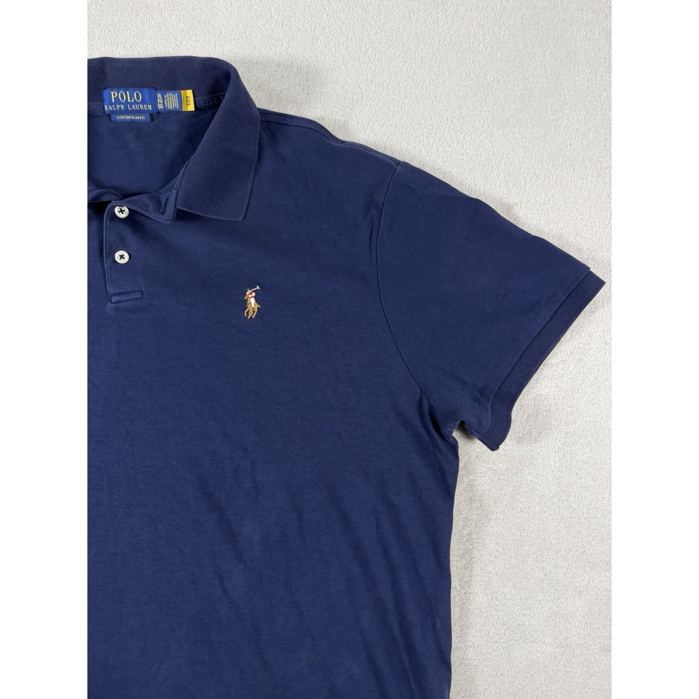 Polo Ralph Lauren Custom Slim Fit Polo Shirt Mens XL Blue Cotton Mesh Brown Pony - Picture 6 of 16